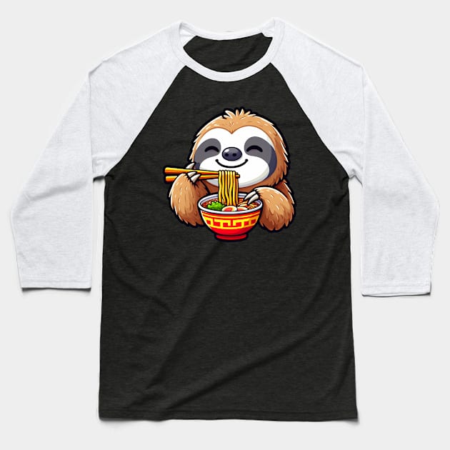 Sloth Loves Ramen Baseball T-Shirt by Plushism